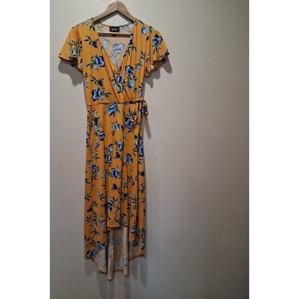 By & By Women's S Mustard Yellow Blue Floral Wrap Tie Maxi Dress Stretch Boho